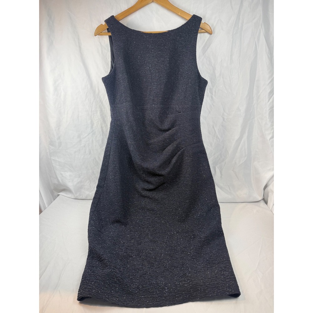 Eliza J Navy Blue Metallic Textured Ruched Sheath Dress 10 Sleeveless Cocktail